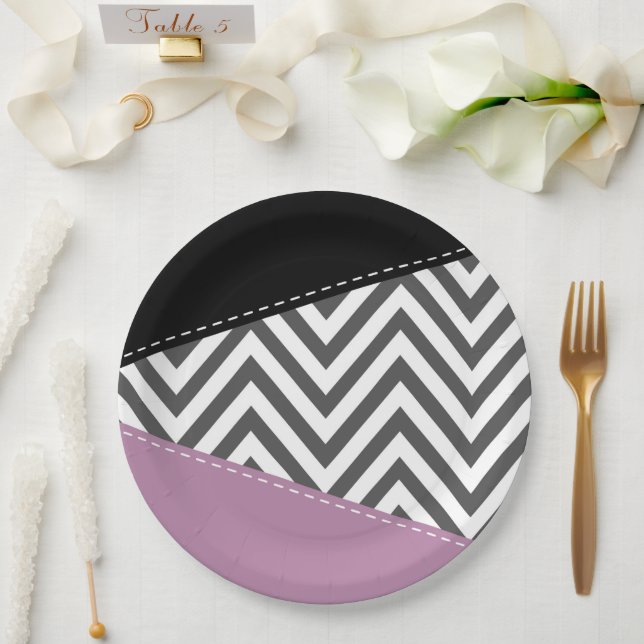 Plato De Papel Gris Zigzag, Gris Chevron, Zigzag Pattern, Púrpura (Boda)