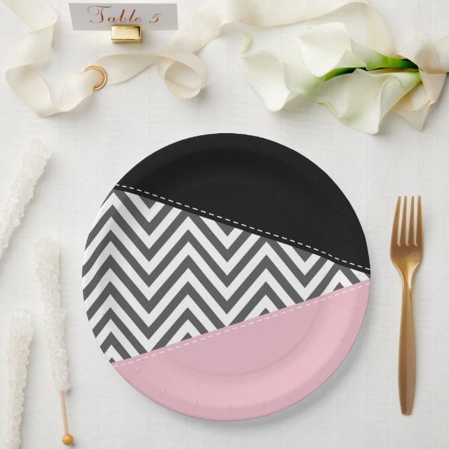 Plato De Papel Gris Zigzag, Gris Chevron, Zigzag Pattern, Rosa (Boda)