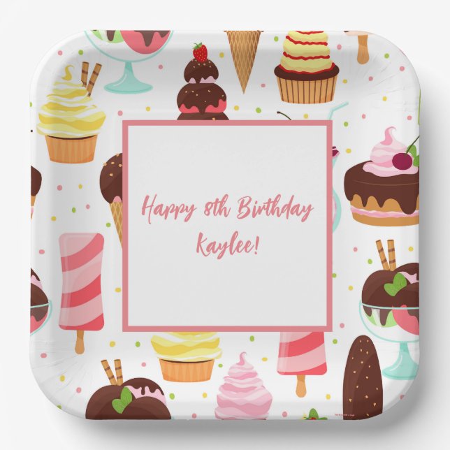 Plato De Papel Grito para los Chicas de helado dulce cumpleaños (Anverso)