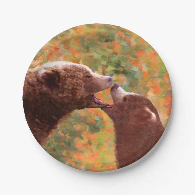 Plato De Papel Grizzly Bear Mom and Cub Painting - Wildlife Art (Anverso)