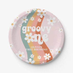 Plato De Papel Groovy arcoiris retro una margarita