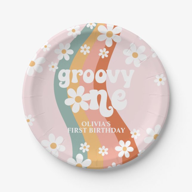Plato De Papel Groovy arcoiris retro una margarita (Anverso)