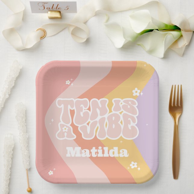 Plato De Papel groovy arcoíris ten es un vibe retro daisy cool de (Boda)