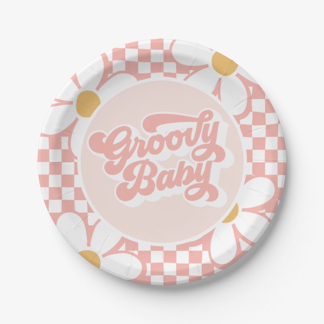 Plato De Papel Groovy Baby Pink Daisy Checker (Anverso)