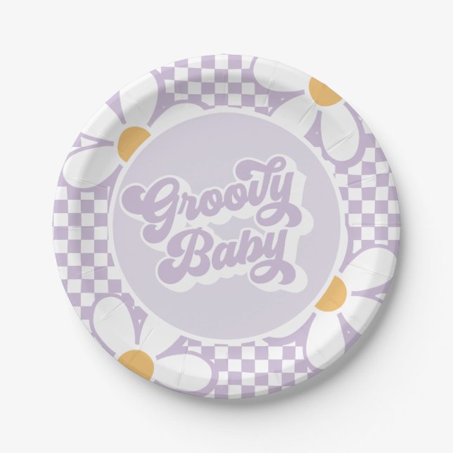 Plato De Papel Groovy Baby Purple Daisy Checker (Anverso)