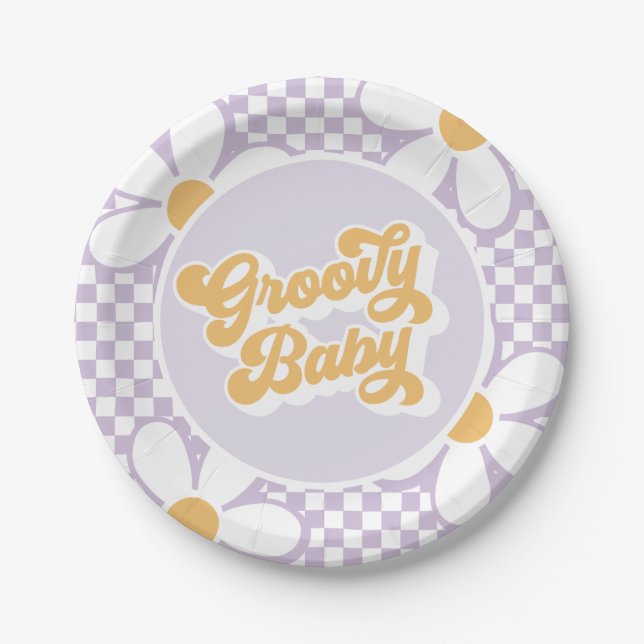 Plato De Papel Groovy Baby Purple Daisy Checker (Anverso)