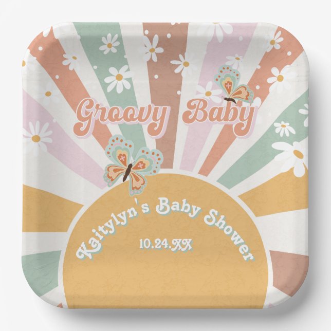 Plato De Papel Groovy Baby Retro 70 Hippie Sunshine Daisies (Anverso)