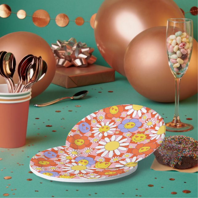 Plato De Papel Groovy Daisy Floral Checkerboard, años 90 (Multi)