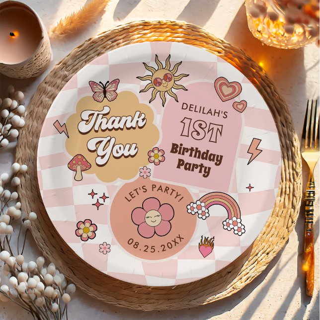 Plato De Papel Groovy Daisy Retro Primer Fiesta de cumpleaños (Subido por el creador)