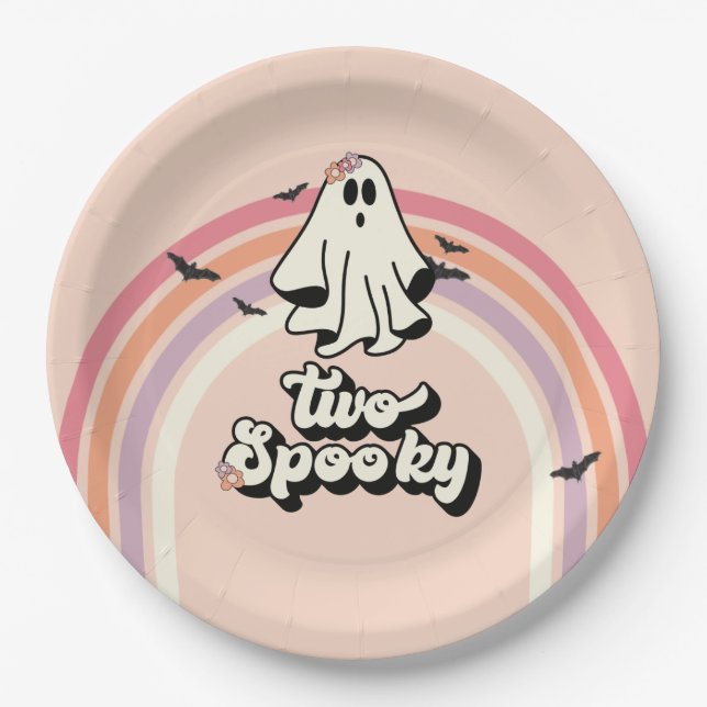 Plato De Papel groovy Fantasma retro Halloween Dos Cumpleaños Esp (Anverso)