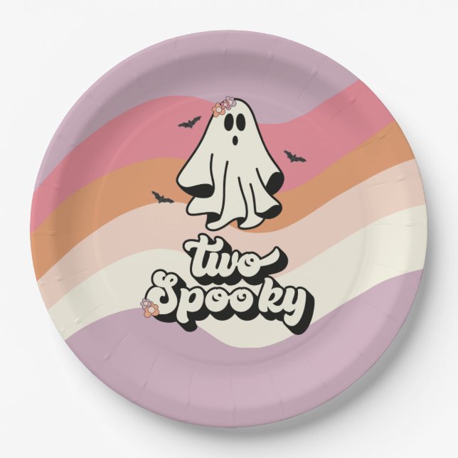 Plato De Papel groovy Fantasma retro Halloween Dos Cumpleaños Esp (Anverso)