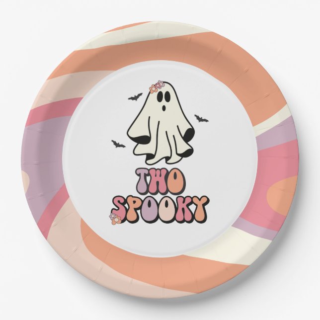Plato De Papel groovy Fantasma retro Halloween Dos Cumpleaños Esp (Anverso)