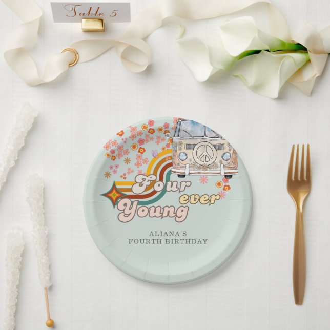 Plato De Papel Groovy Fourever Young daisy Van 4º cumpleaños (Boda)