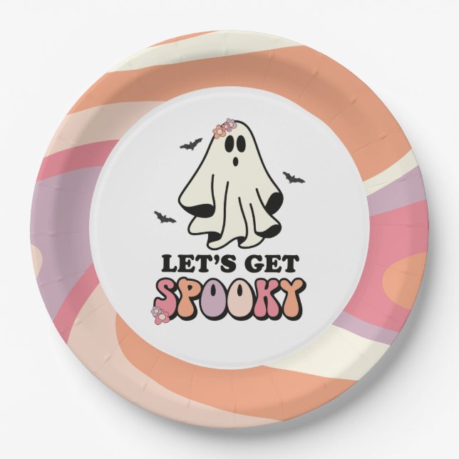 Plato De Papel groovy Ghost retro Halloween Cumpleaños (Anverso)