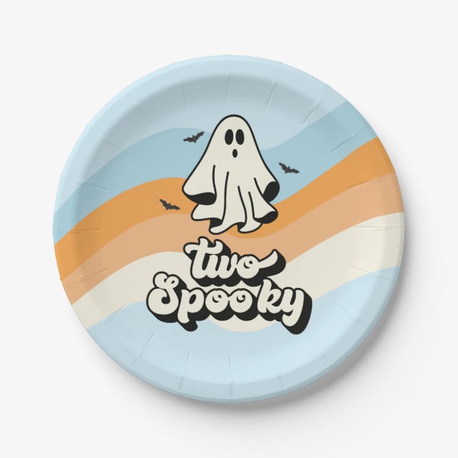 Plato De Papel groovy Ghost retro Halloween Dos azul espeluznante (Anverso)