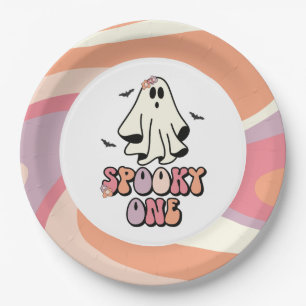 Plato De Papel groovy Ghost retro Halloween Espeluznante Cumpleañ