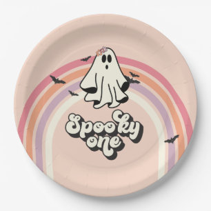 Plato De Papel groovy Ghost retro Halloween Espeluznante Cumpleañ