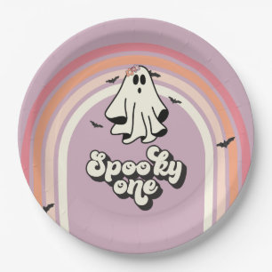 Plato De Papel groovy Ghost retro Halloween Espeluznante Cumpleañ