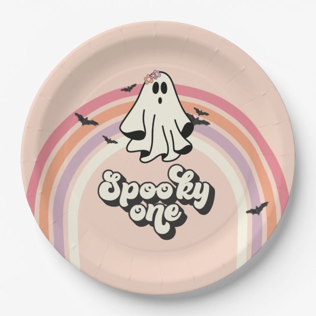 Plato De Papel groovy Ghost retro Halloween Spooky Un cumpleaños (Anverso)