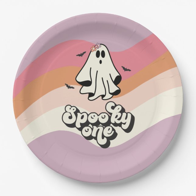 Plato De Papel groovy Ghost retro Halloween Spooky Un cumpleaños (Anverso)