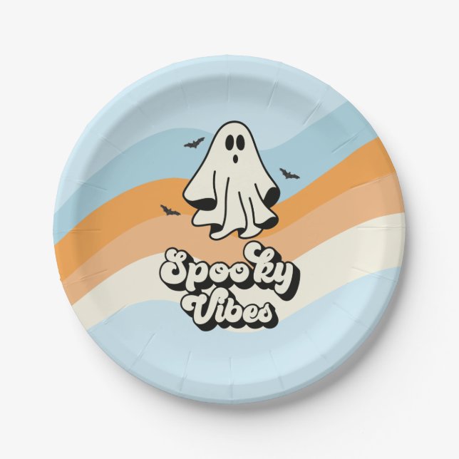 Plato De Papel groovy Ghost retro Halloween Spooky Vibes Blue (Anverso)