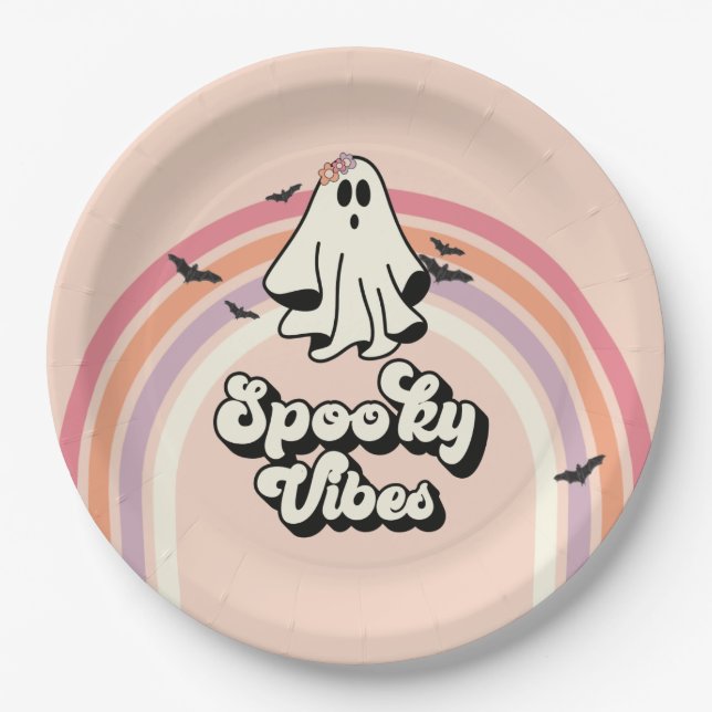 Plato De Papel groovy Ghost retro Halloween Spooky Vibes Cumpleañ (Anverso)