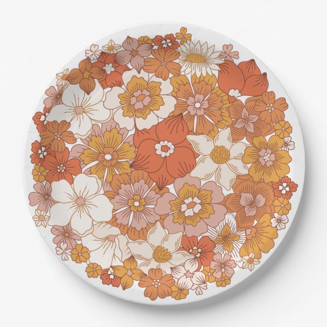 Plato De Papel Groovy Hippie Floral Naranja rosa ducha de novia (Anverso)