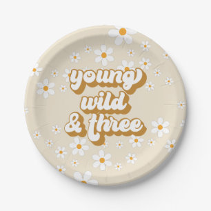 Plato De Papel Groovy Joven Salvaje Tres Retro Daisy 3er Cumpleañ