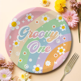 Plato De Papel Groovy One Boho Daisy Rainbow