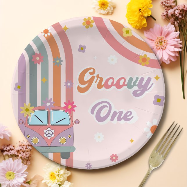 Plato De Papel Groovy One Boho Daisy Rainbow (Subido por el creador)