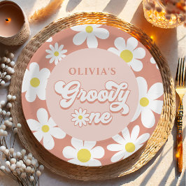 Plato De Papel Groovy One Boho Retro Daisy Primer Fiesta de cumpl