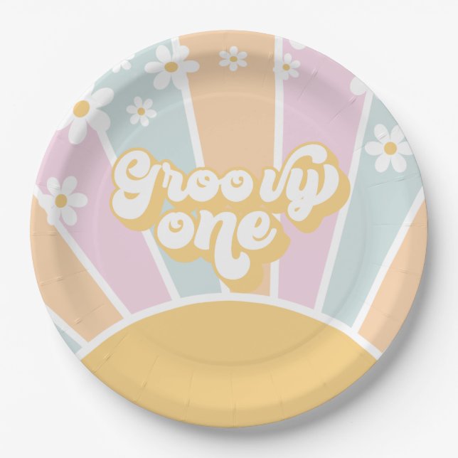 Plato De Papel Groovy One pastel Retro Sol boho margarita (Anverso)