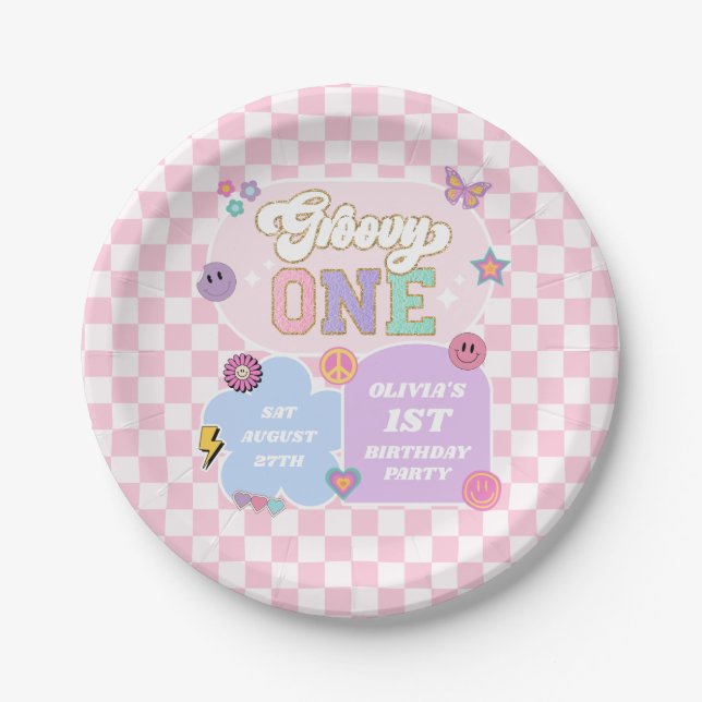 Plato De Papel Groovy One Preppy Patch Primer Fiesta de cumpleaño (Anverso)
