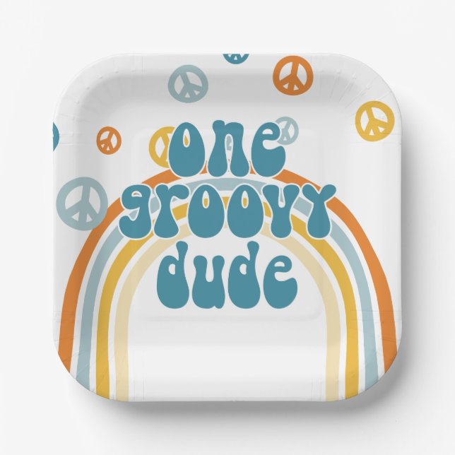 Plato De Papel Groovy One Retro Boy Primer Cumpleaños (Anverso)