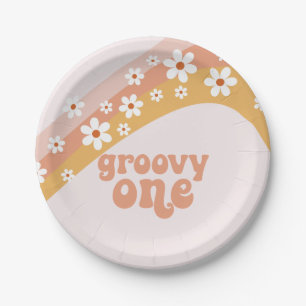 Plato de papel Groovy One Retro Daisy Boho Arcoíri