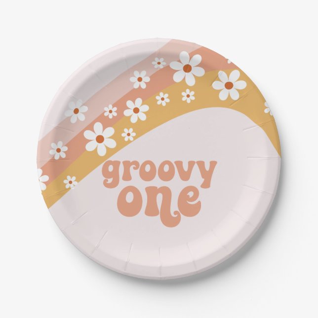 Plato de papel Groovy One Retro Daisy Boho Arcoíri (Anverso)