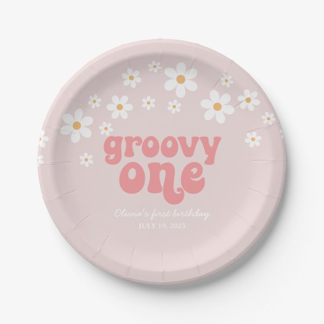 Plato De Papel Groovy One Retro daisy boho floral primer cumpleañ (Anverso)