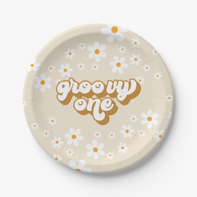 Plato De Papel Groovy One Retro Daisy Primer Cumpleaños (Anverso)