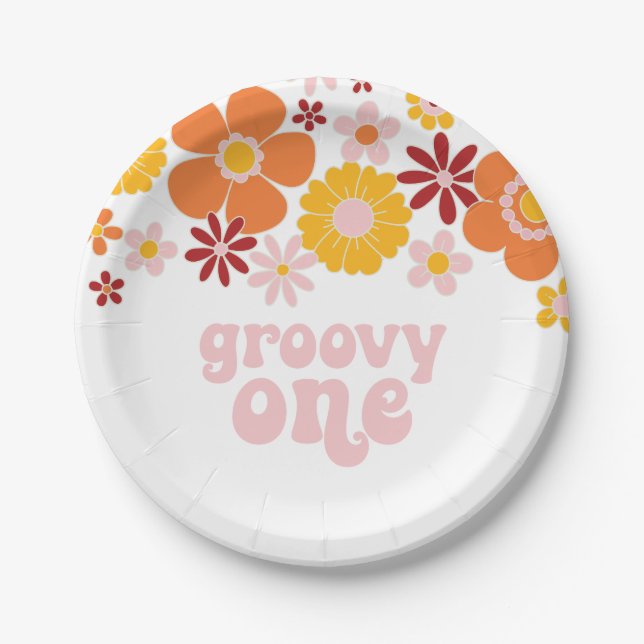 Plato De Papel Groovy One Retro Floral 1er cumpleaños (Anverso)