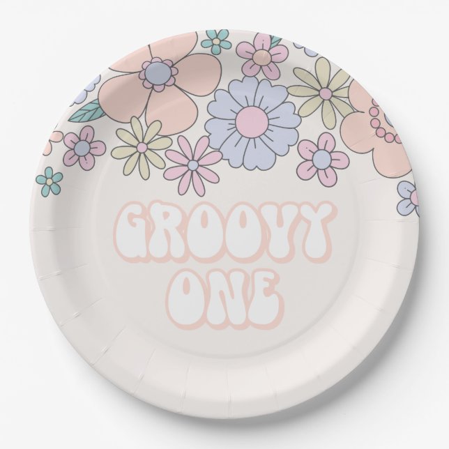 Plato De Papel Groovy One Retro pastel Floral 1er cumpleaños (Anverso)