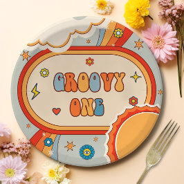 Plato De Papel Groovy One Retro Rainbow Birday Party