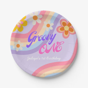 Plato De Papel Groovy One Retro Rainbow Primer cumpleaños