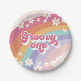 Plato De Papel Groovy One Retro Rainbow Primer cumpleaños