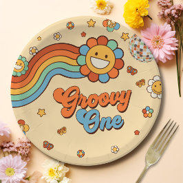Plato De Papel Groovy One Retro Rainbow Primer Fiesta de cumpleañ