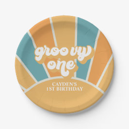 Plato De Papel Groovy One Retro Sunshine Boy primer cumpleaños