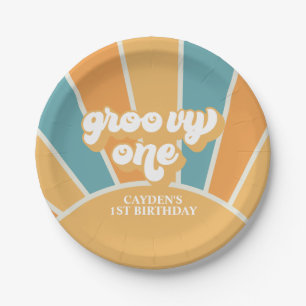 Plato De Papel Groovy One Retro Sunshine Boy primer cumpleaños