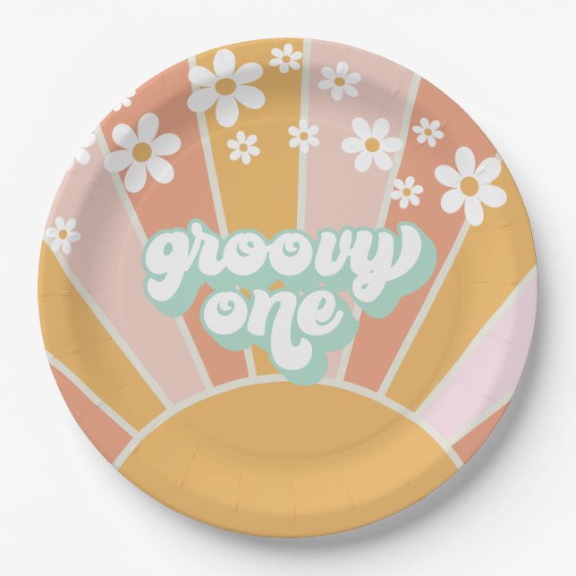 Plato De Papel Groovy One Retro Sunshine daisy boho (Anverso)