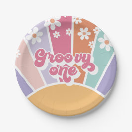 Plato De Papel Groovy One Retro Sunshine Rainbow Daisy