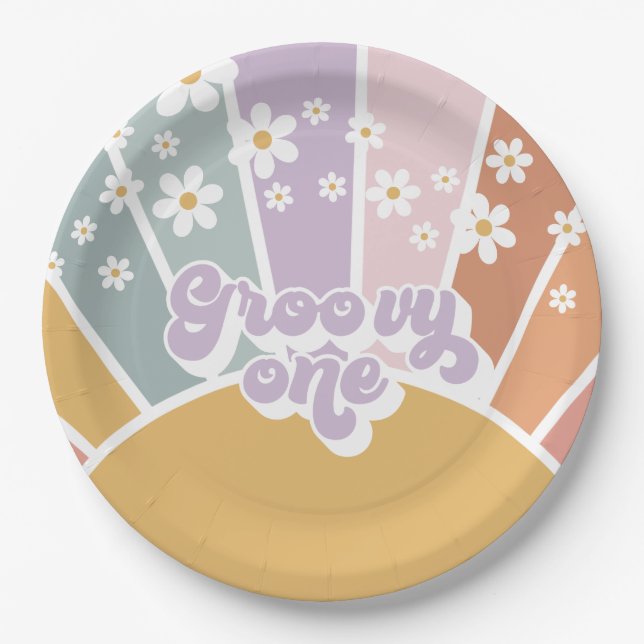 Plato De Papel Groovy One Retro Sunshine Rainbow Daisy (Anverso)