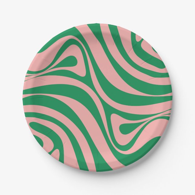 Plato De Papel Groovy Pink and Green Retro Swirls (Anverso)
